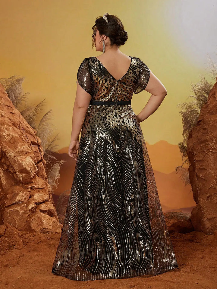 Fancy Sequins Belt Plus Size Evening Dress
