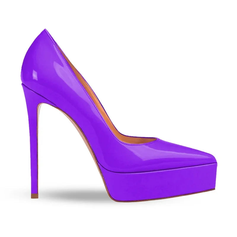 Women's patent leather platform heel pumps, purple glossy, rounded toe, high stiletto