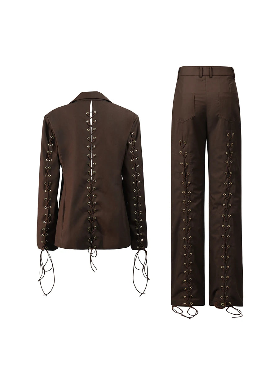 Spliced Lace-Up Women's Two-Piece Suit