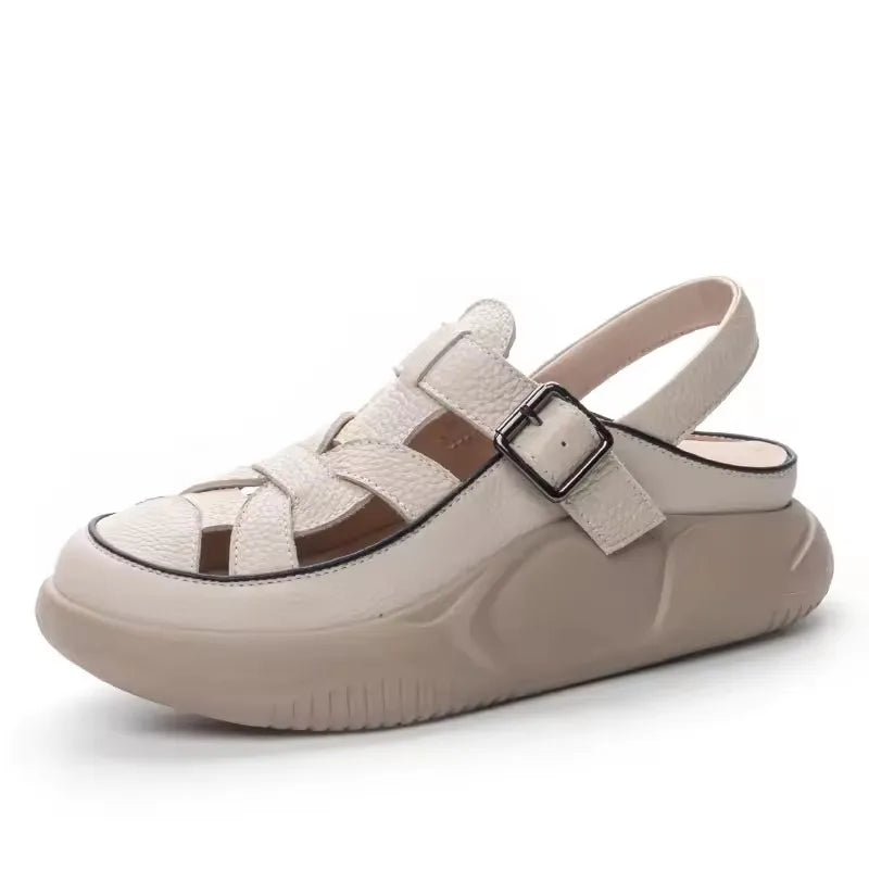 Women's wedge buckle strap shoes, cream with black-trimmed straps and square buckle