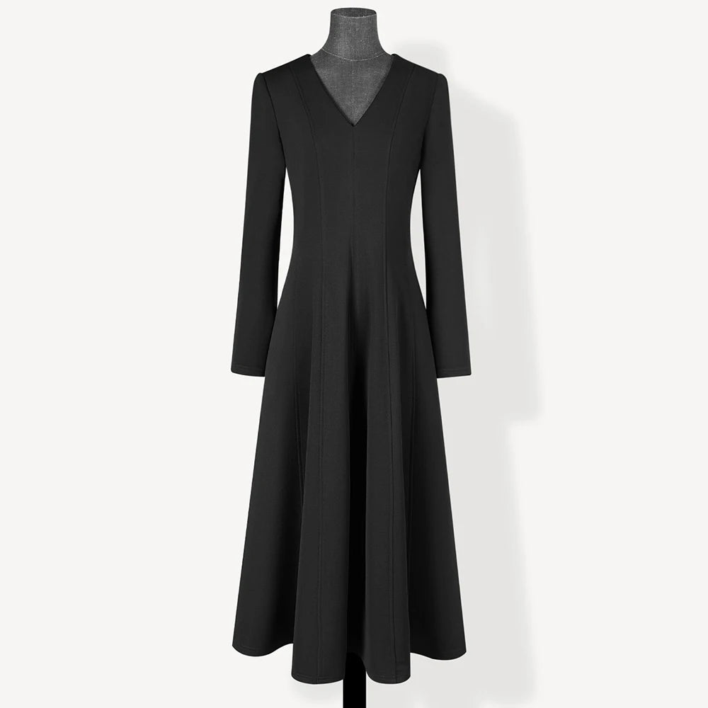 Black A-line mid-calf V-neck dress on mannequin with long sleeves