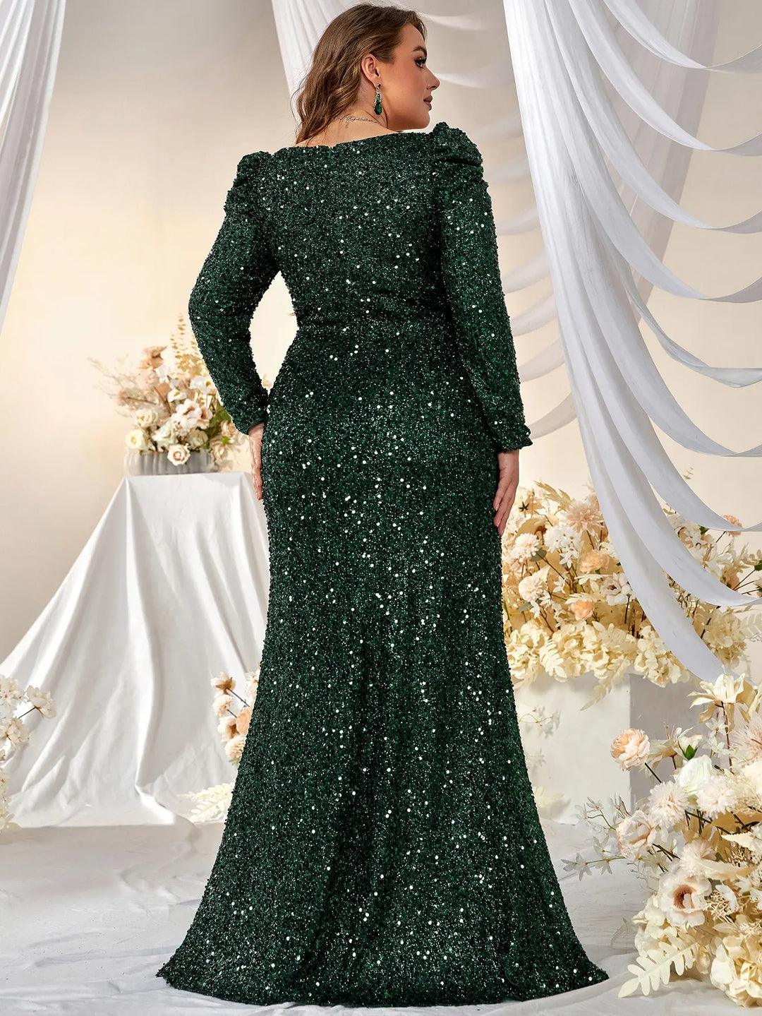 Sequins Square Neck Plus Size Evening Dress