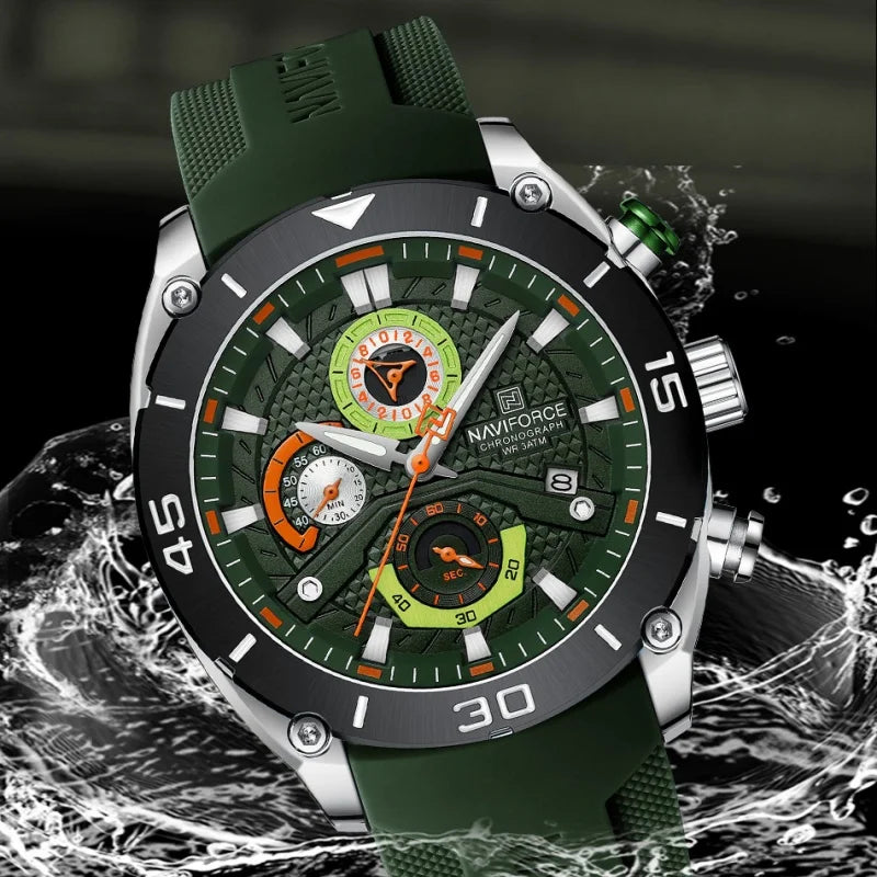 Green sports watch with dark bezel and multi-dial chronograph face, textured silicone band