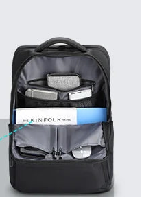 Black multi-pocket laptop backpack with padded front section and top handle