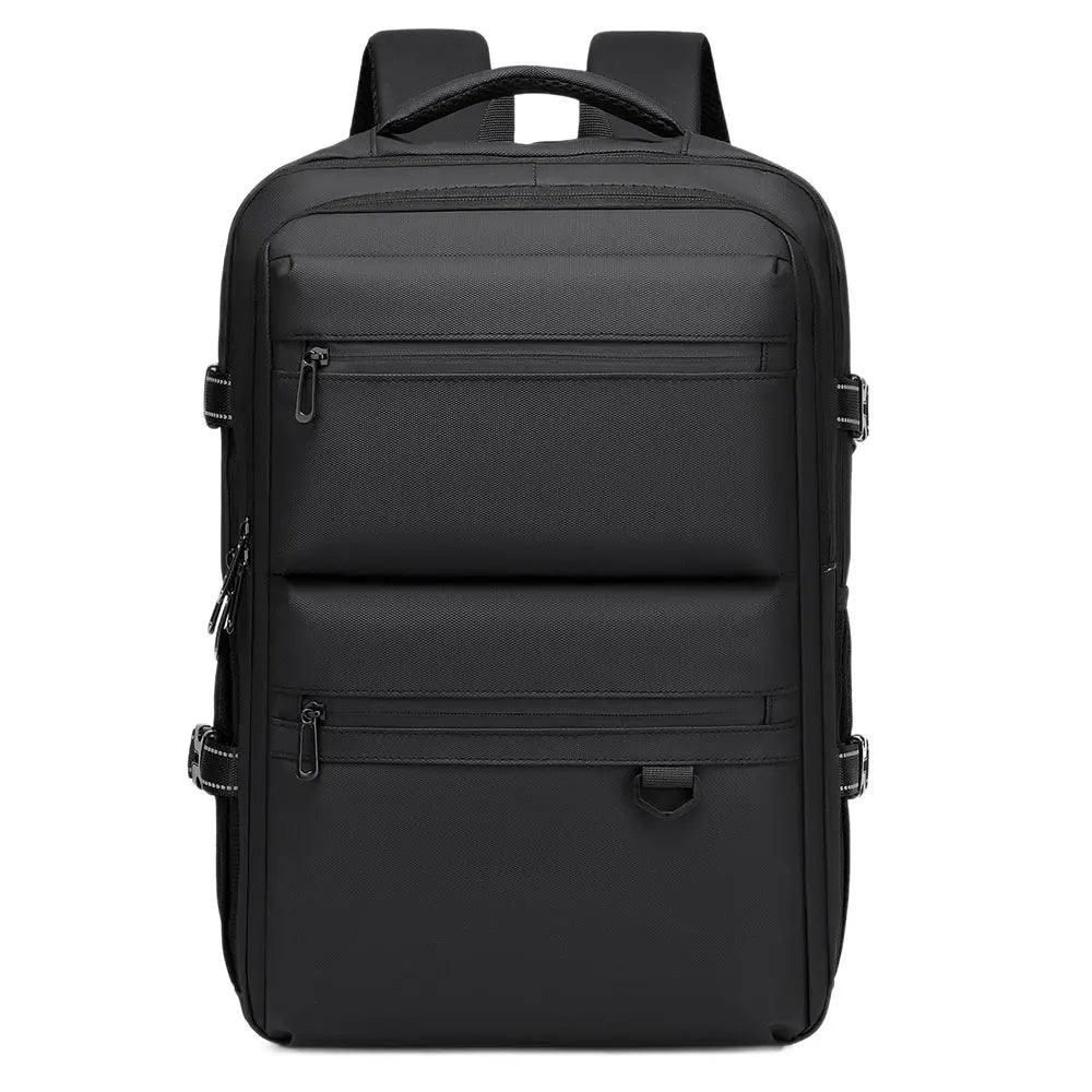 Black men's travel laptop backpack front view with stacked front pockets