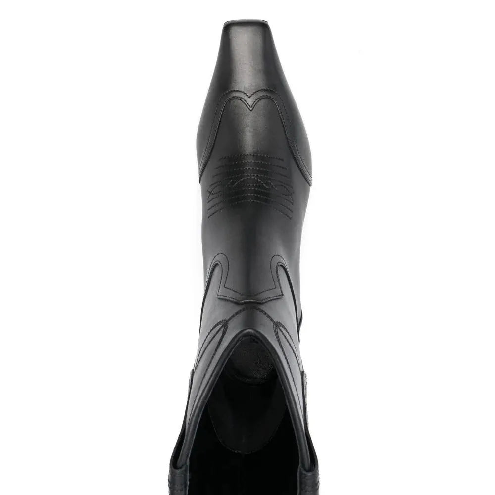 Black leather-look pull-on cowboy boot with stitched pattern and pointed toe