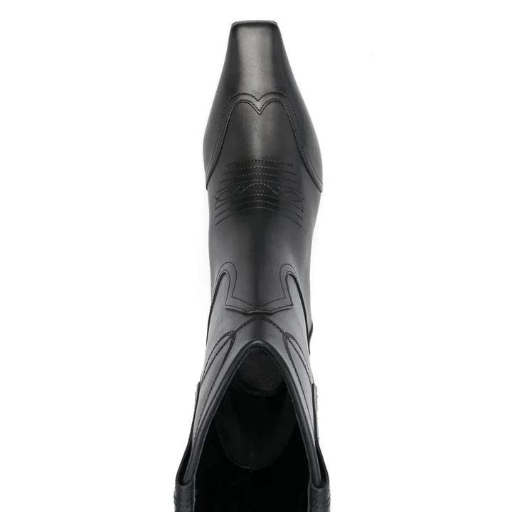 Black leather-look pull-on cowboy boot with stitched pattern and pointed toe