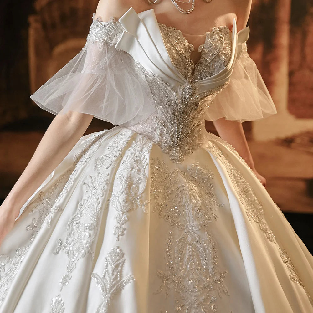 Robe de mariée élégante en satin de luxe Jancember 2024, manches courtes, col bateau, broderie, lacets, nœud, robe de mariée LSMX016