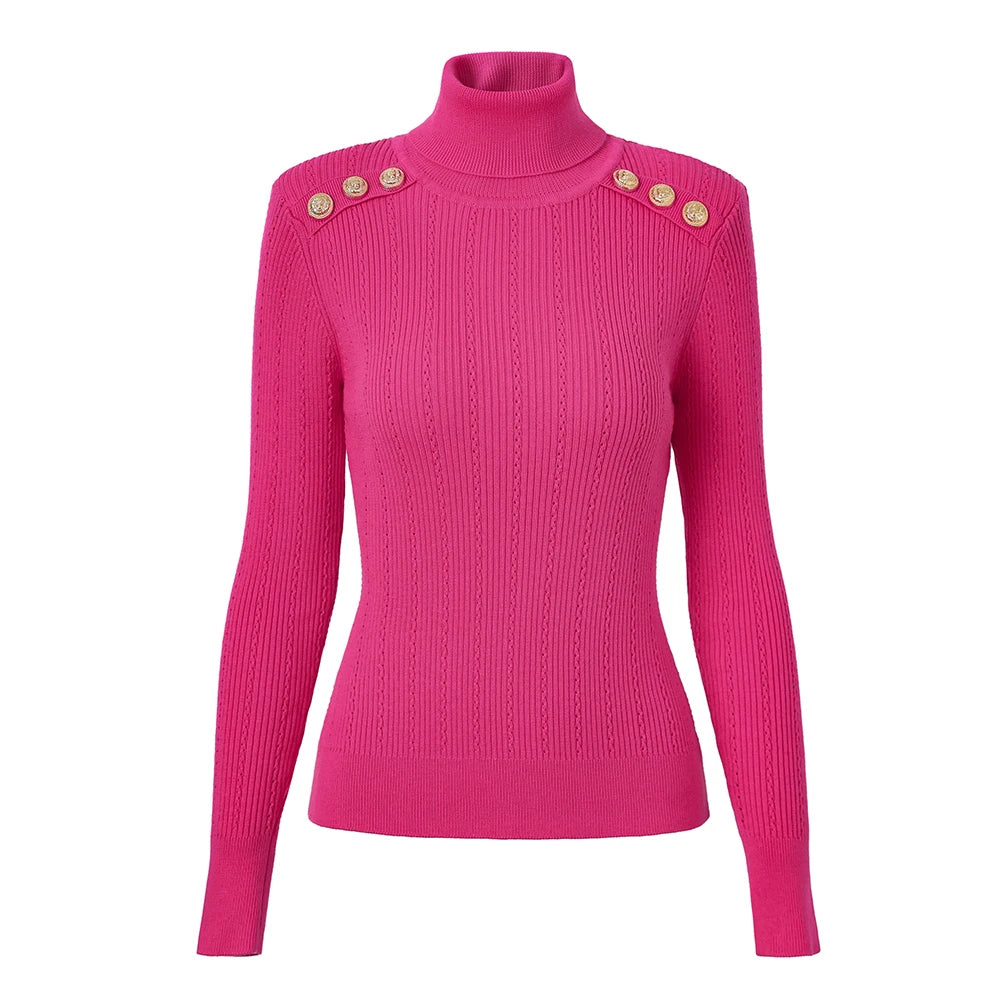 Fuchsia ribbed knit turtleneck pullover sweater, front view