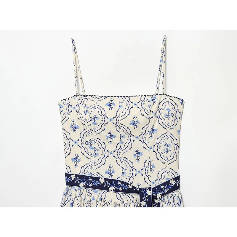 Floral print cami-style dress with sash belt, white with blue floral medallion pattern