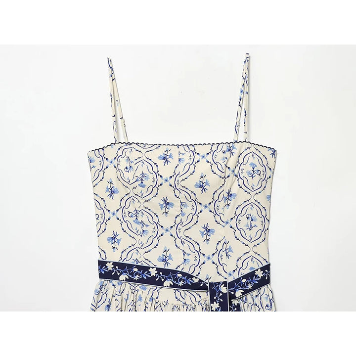 Floral print cami-style dress with sash belt, white with blue floral medallion pattern
