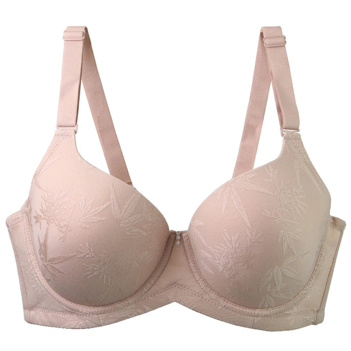 Plus-size full coverage bra, blush beige with jacquard leaf pattern, underwire, adjustable straps