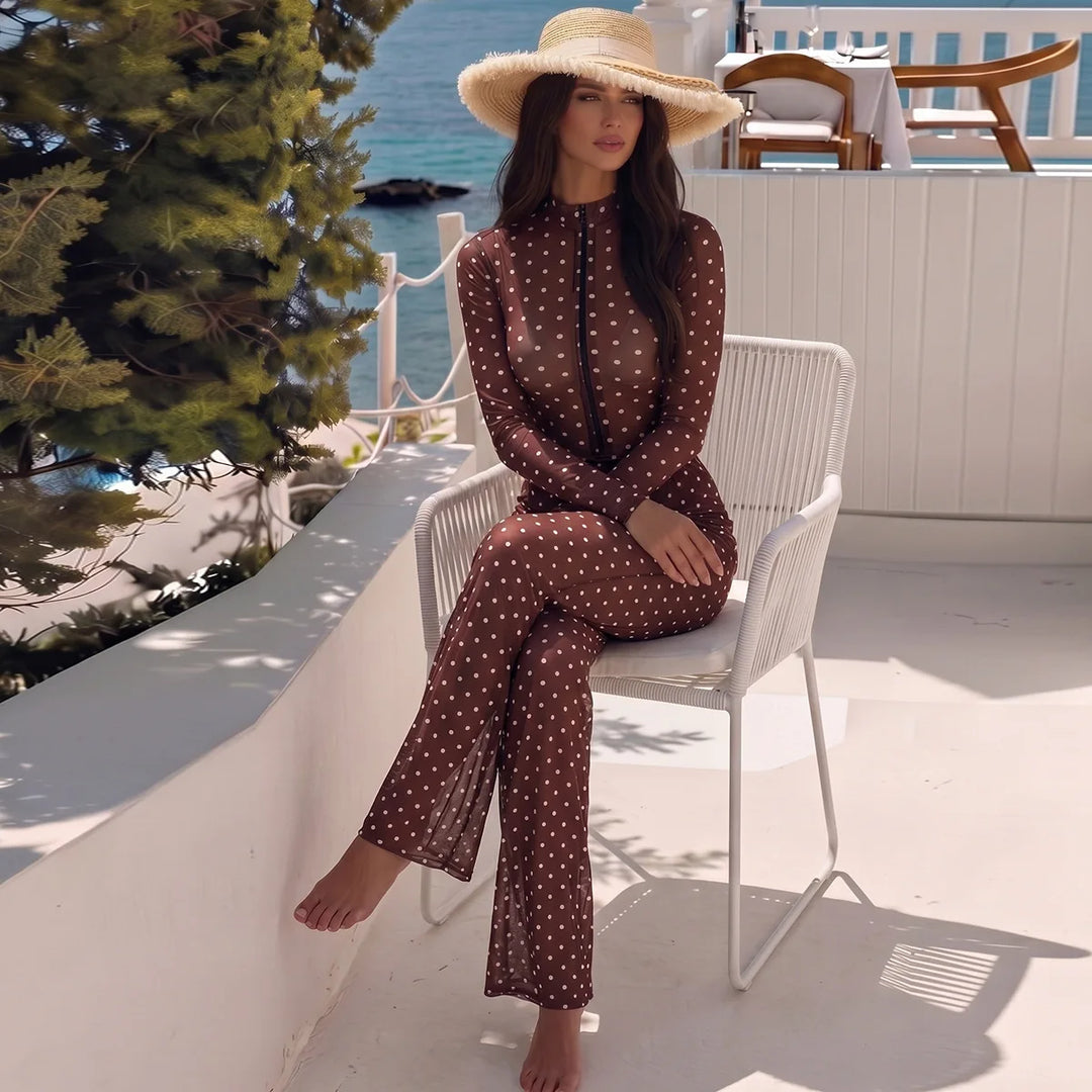Brown polka-dot one-piece with attached wide-leg pants, long sleeves and front zipper