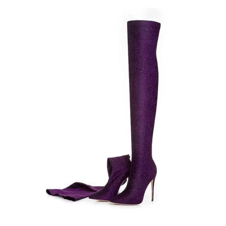 Thigh-high stretch fabric boots in purple with slim high heel