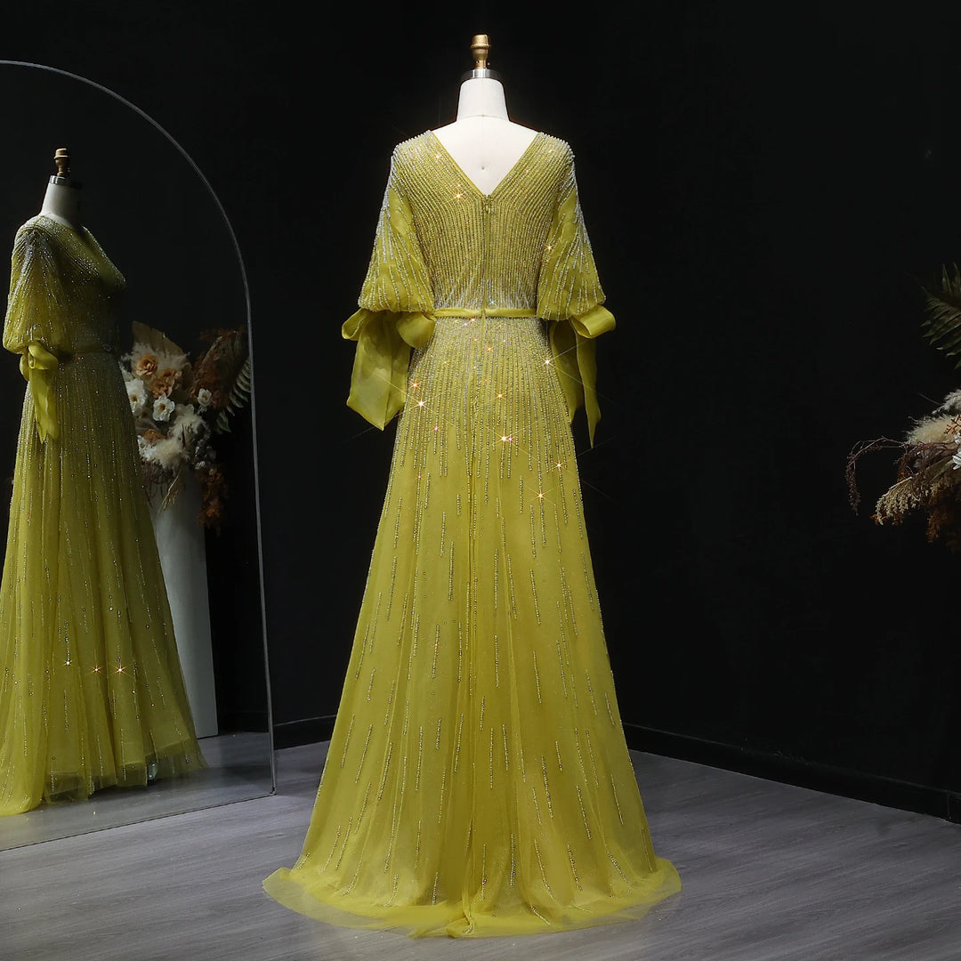 Luxury Sheer V-Neck Arabic Evening Dress