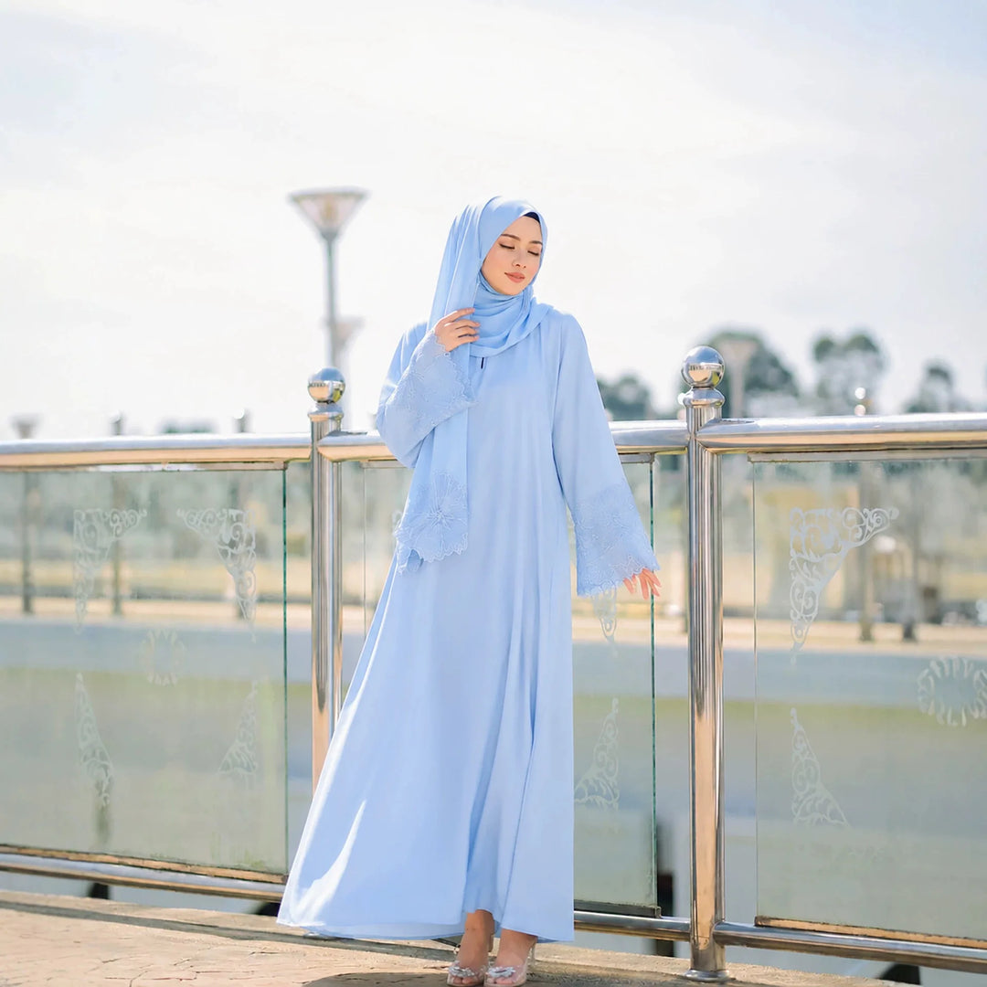 Light blue modest abaya dress with matching headscarf, lace detail at sleeves