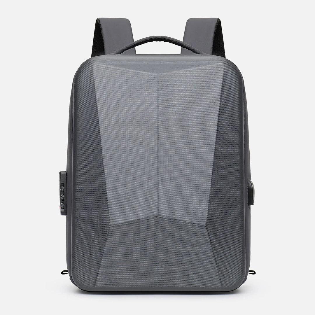 Hard shell expandable bag backpack, front view in dark gray with molded V-shaped base