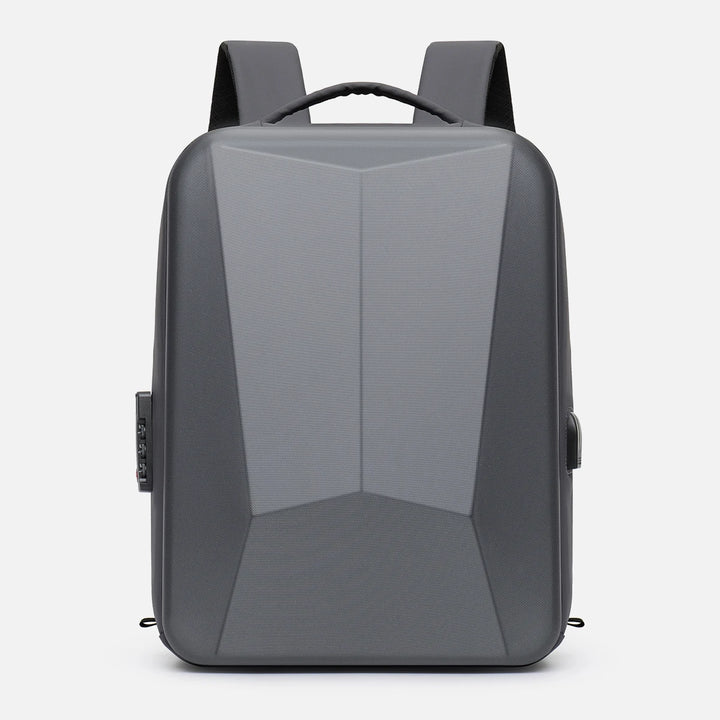 Hard shell expandable bag backpack, front view in dark gray with molded V-shaped base