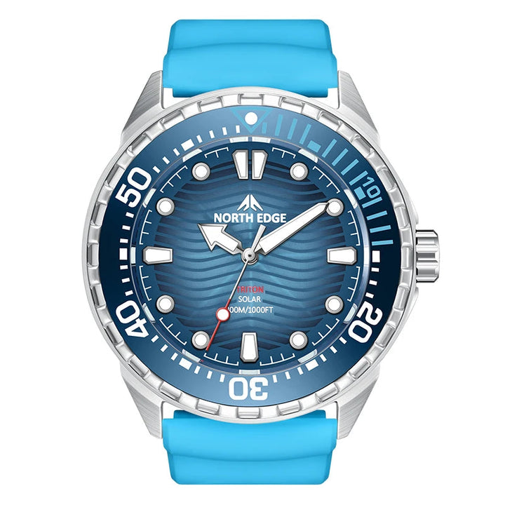 Titanium digital dive watch with blue dial and blue silicone strap