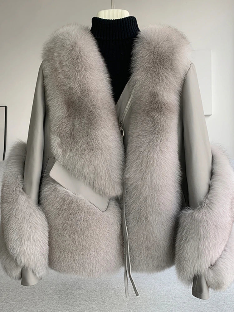 Women’s thick warm faux fur coat with front zipper, light grey color, long sleeves
