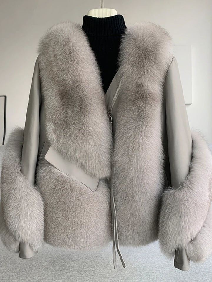 Women’s thick warm faux fur coat with front zipper, light grey color, long sleeves