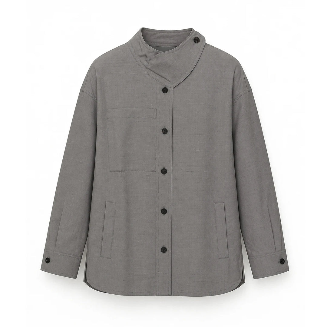 Wool slim trench coat, grey, button front with patch pockets and stand collar.