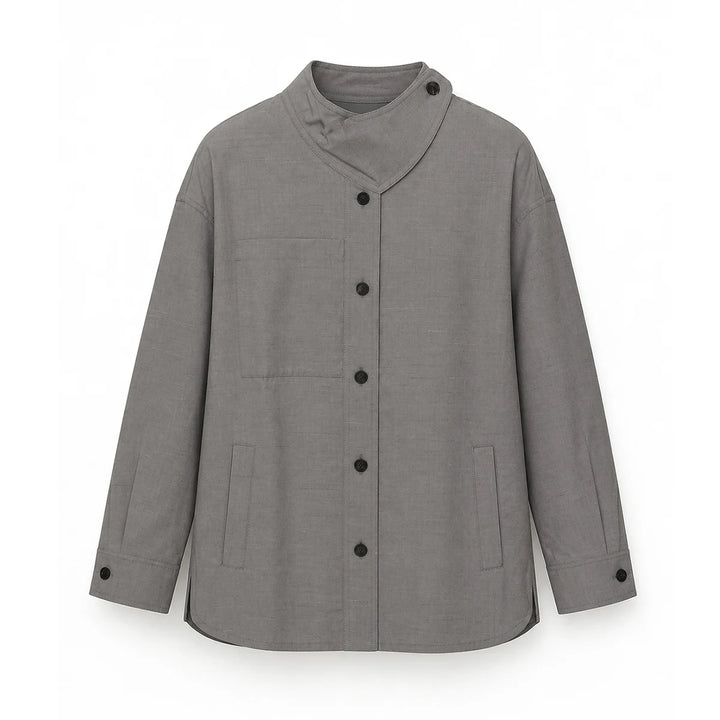 Wool slim trench coat, grey, button front with patch pockets and stand collar.