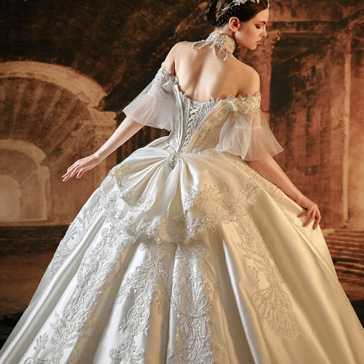 Robe de mariée élégante en satin de luxe Jancember 2024, manches courtes, col bateau, broderie, lacets, nœud, robe de mariée LSMX016