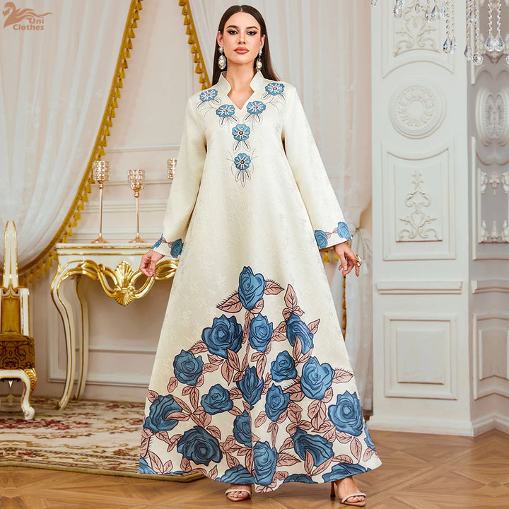 Attractive Floral Print Moroccan Abaya Dress