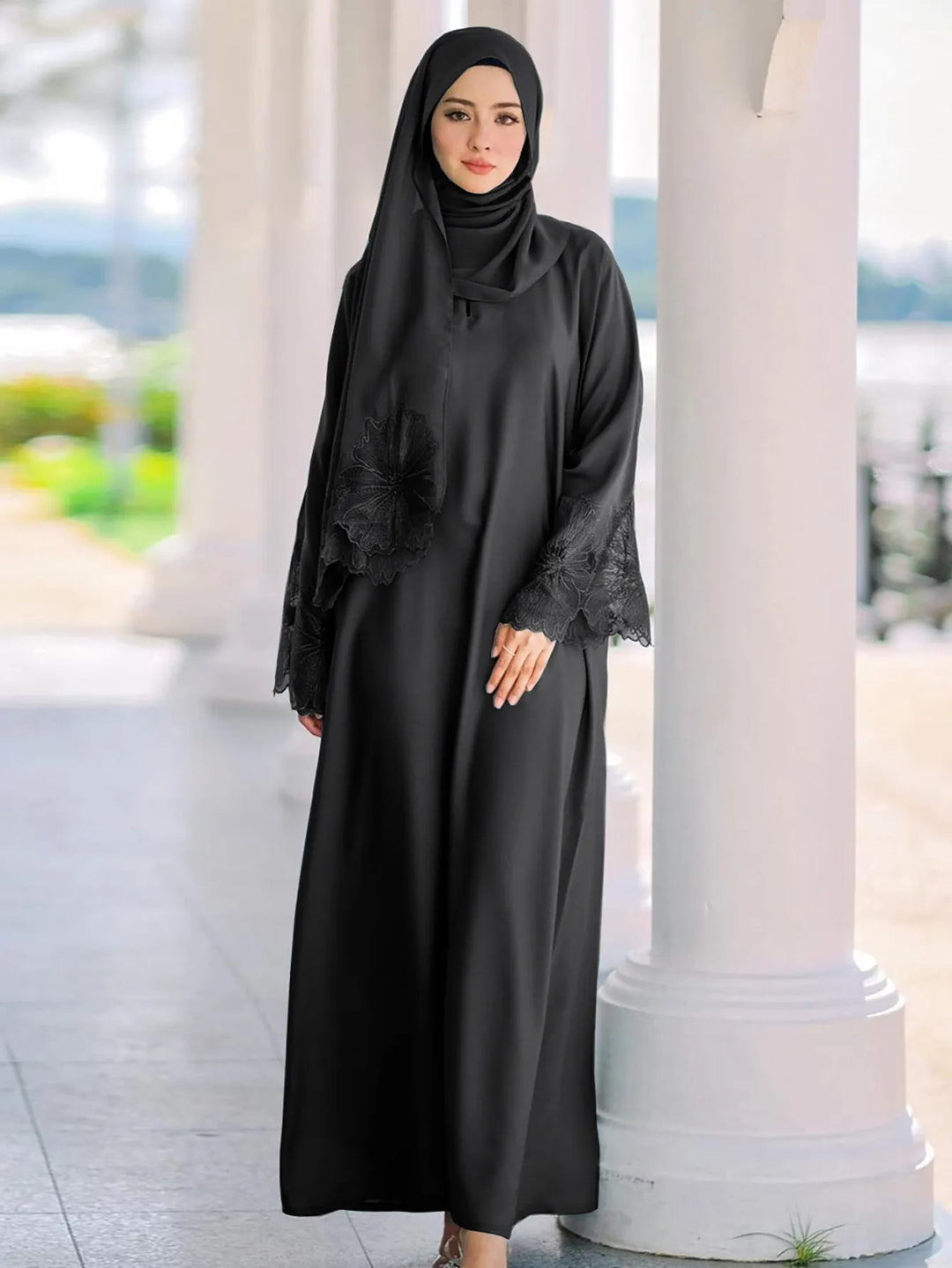 Black modest abaya dress with matching headscarf, lace accents on sleeves