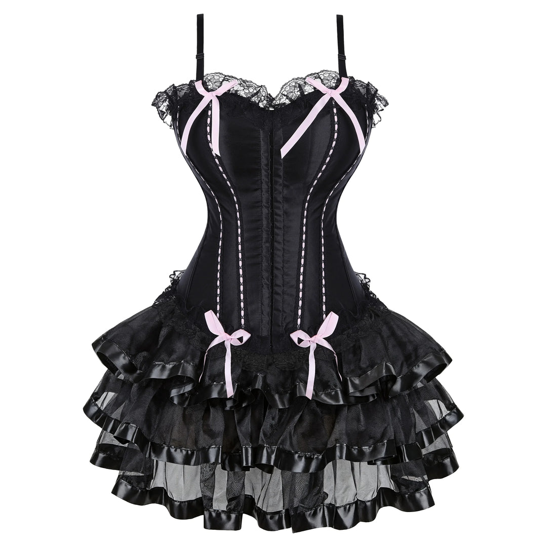 Black corset dress with pink bow ties and dark ruffle skirt with purple trim