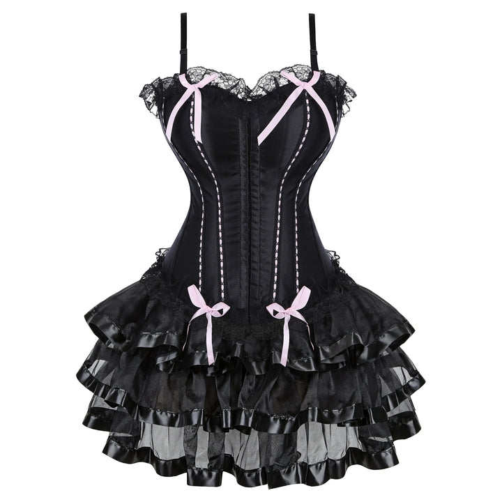 Black corset dress with pink bow ties and dark ruffle skirt with purple trim