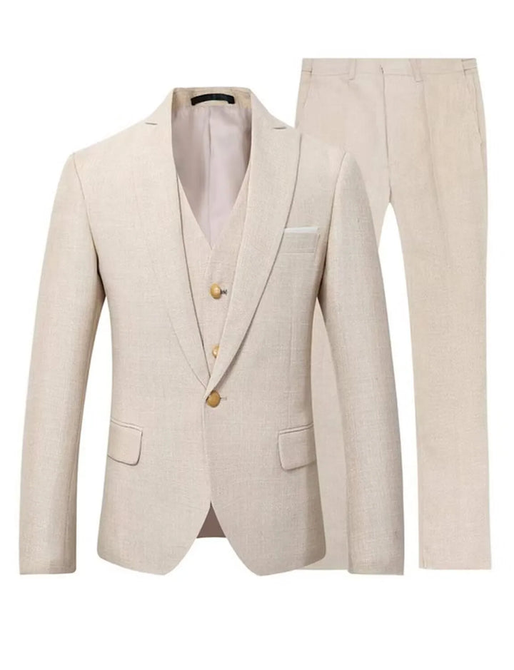 Beige slim-fit 3-piece wedding suit set: blazer, vest, and matching trousers