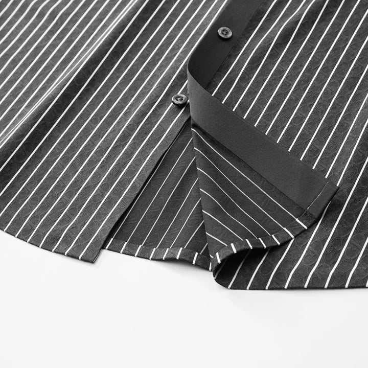 Dark striped short-sleeve button shirt with fold-over collar and visible placket