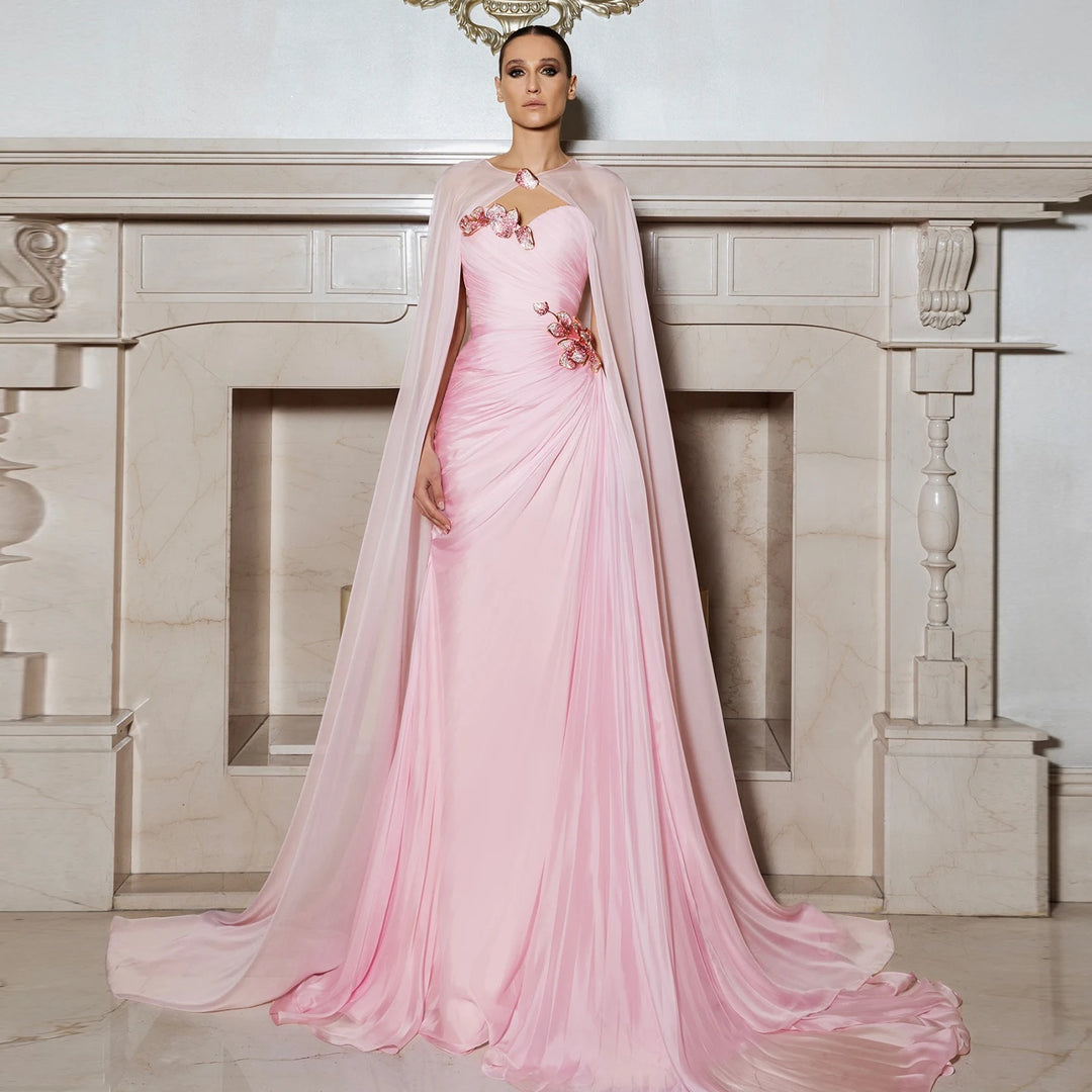Elegant Cape Draped Beaded Evening Dress