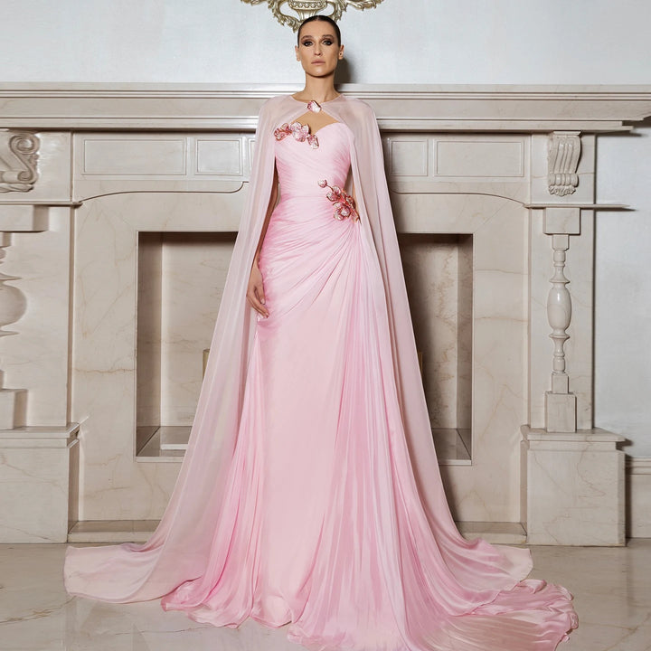 Elegant Cape Draped Beaded Evening Dress