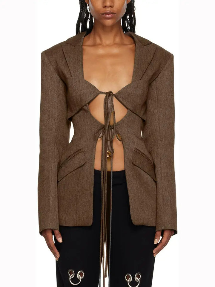 Dark brown blazer with lace-up open chest and long sleeves