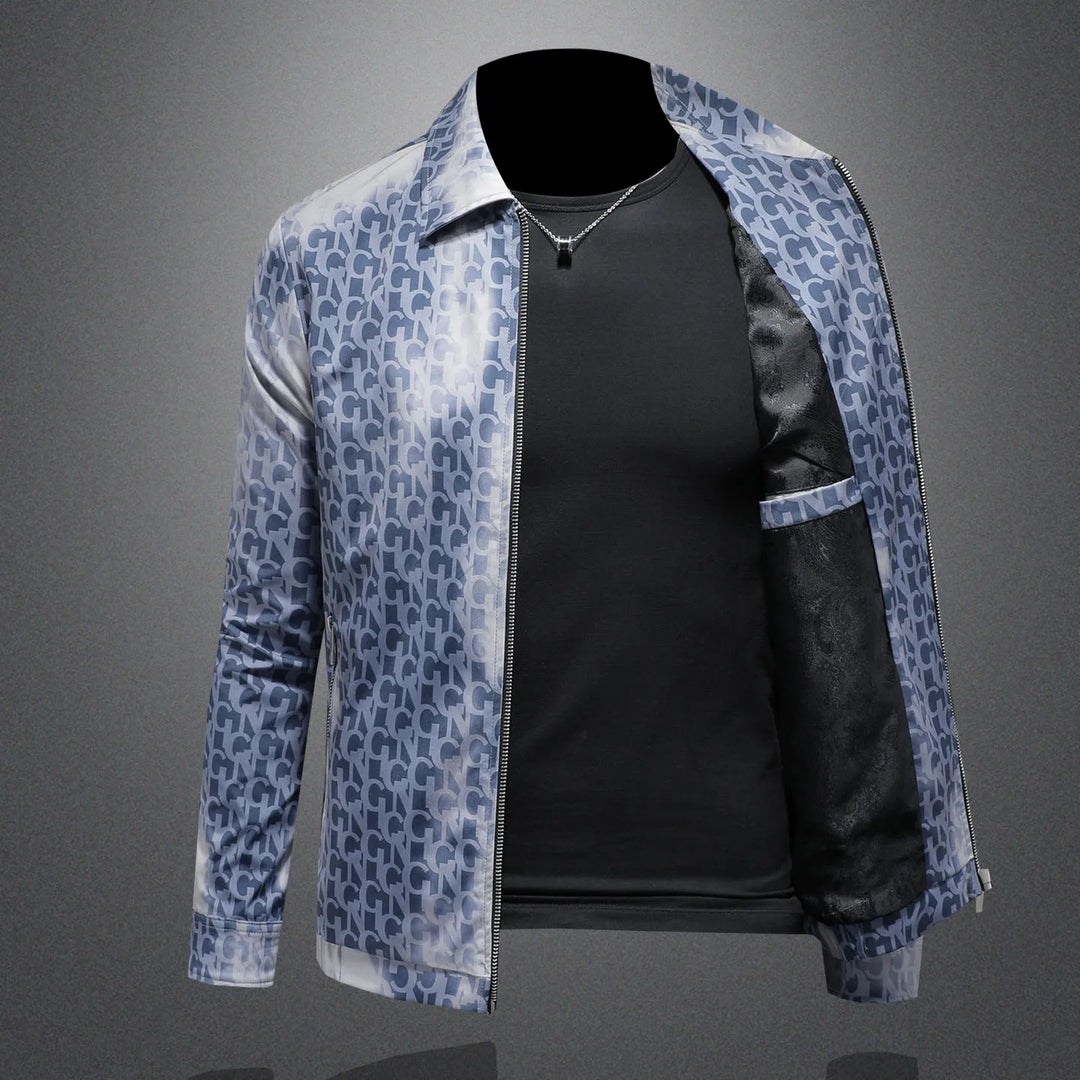 Blue letter jacquard jacket with black zipper front and black inner panel detail