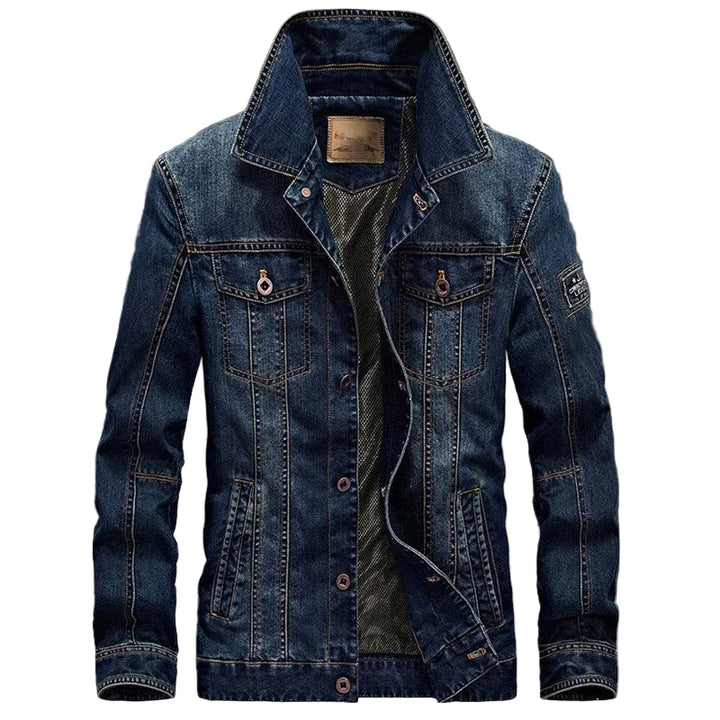 Blue denim jacket on a gray background