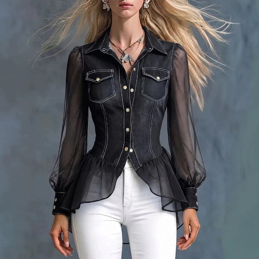 Women’s black denim peplum blouse with contrast stitching, button front, gathered cuffs