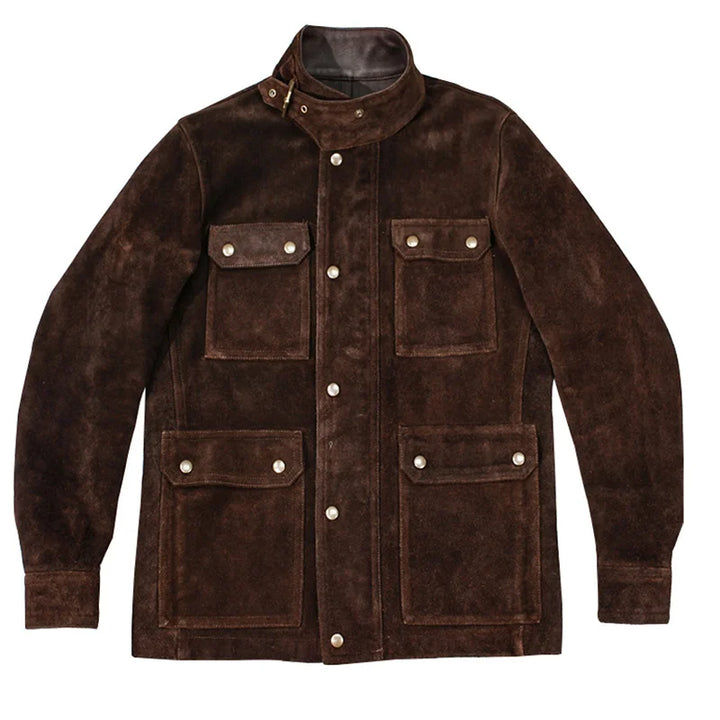 Multi-Pockets Leather Suede Safari Coat