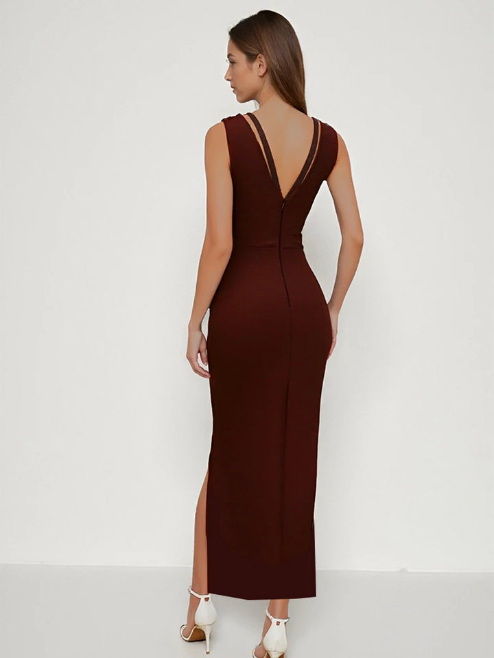 Chocolate brown fitted party dress back view with V-back, sleeveless cut, and side slit