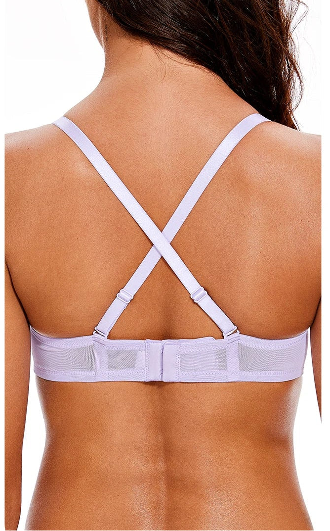 Light purple sheer lace bra with crisscross open-back straps and adjustable band