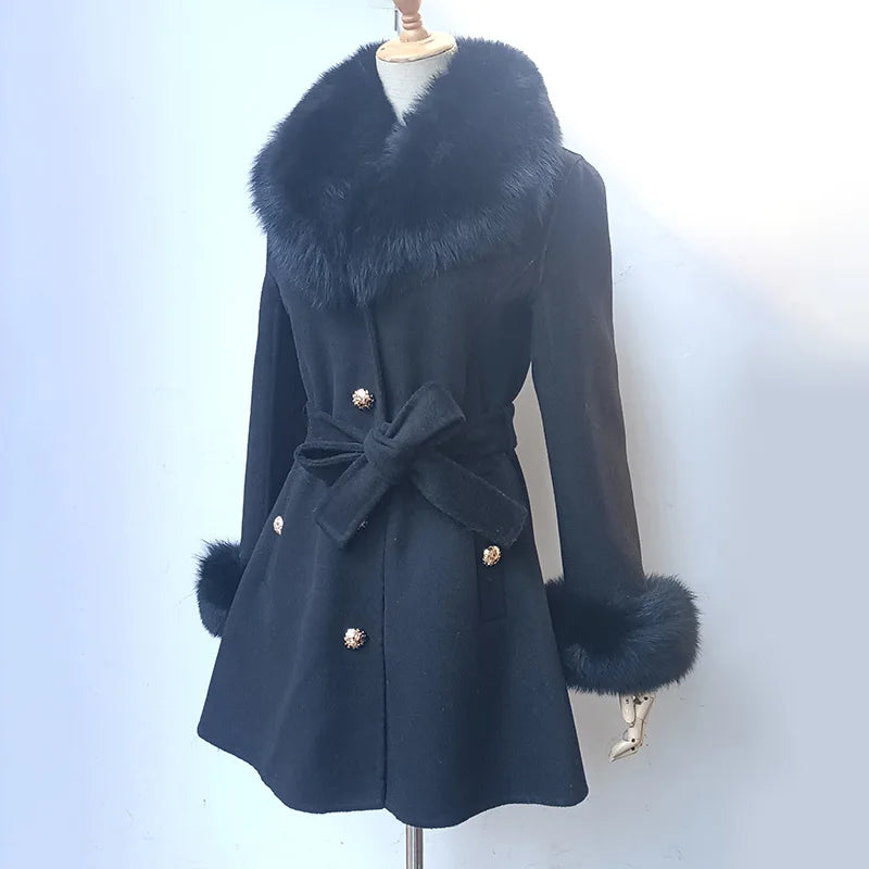 Elegant Fur Collar Slim Cashmere Coat
