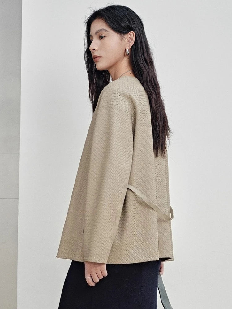Beige woven leather-look belted jacket with long sleeves and front slit