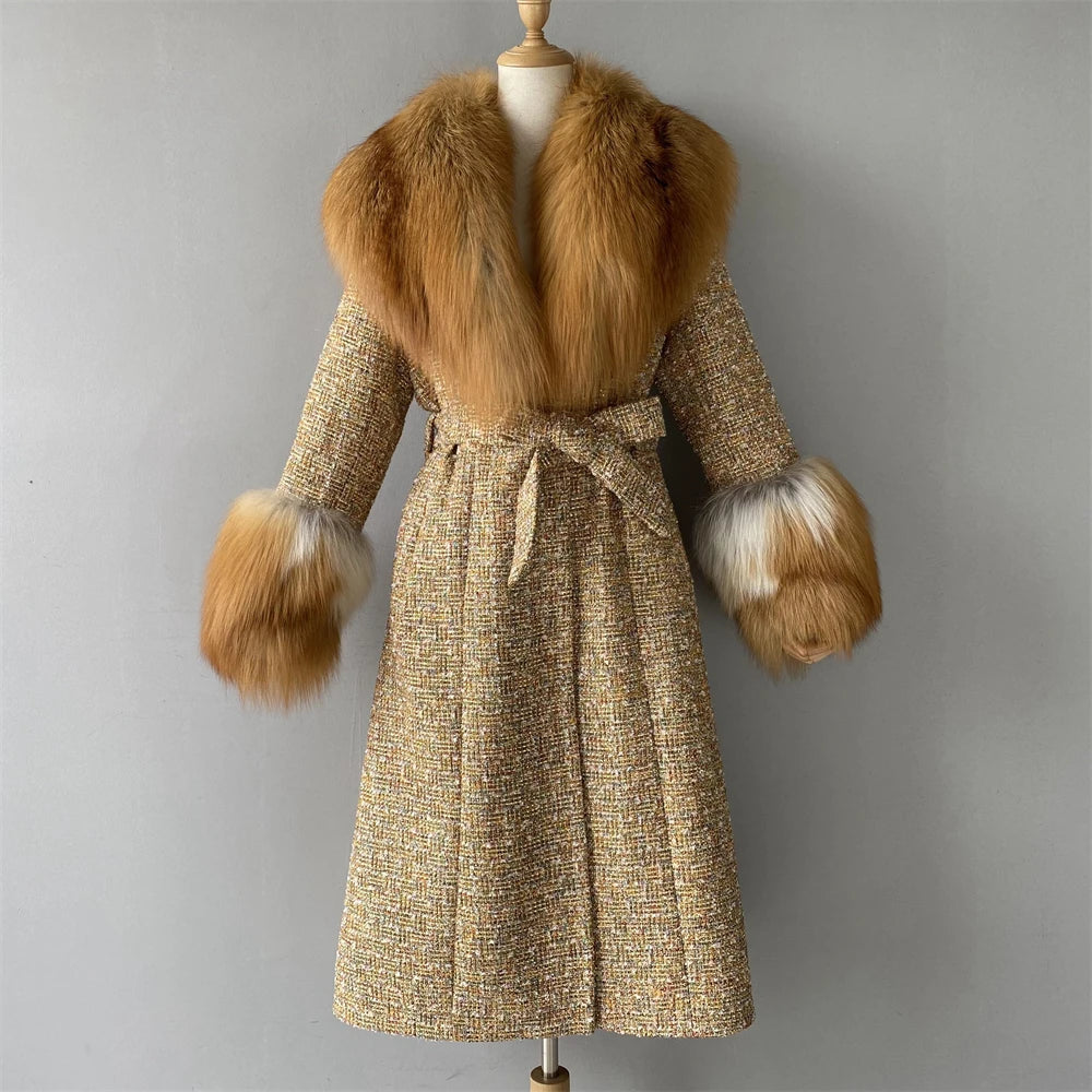 Luxury Big Real Fur Collar Trench Coat
