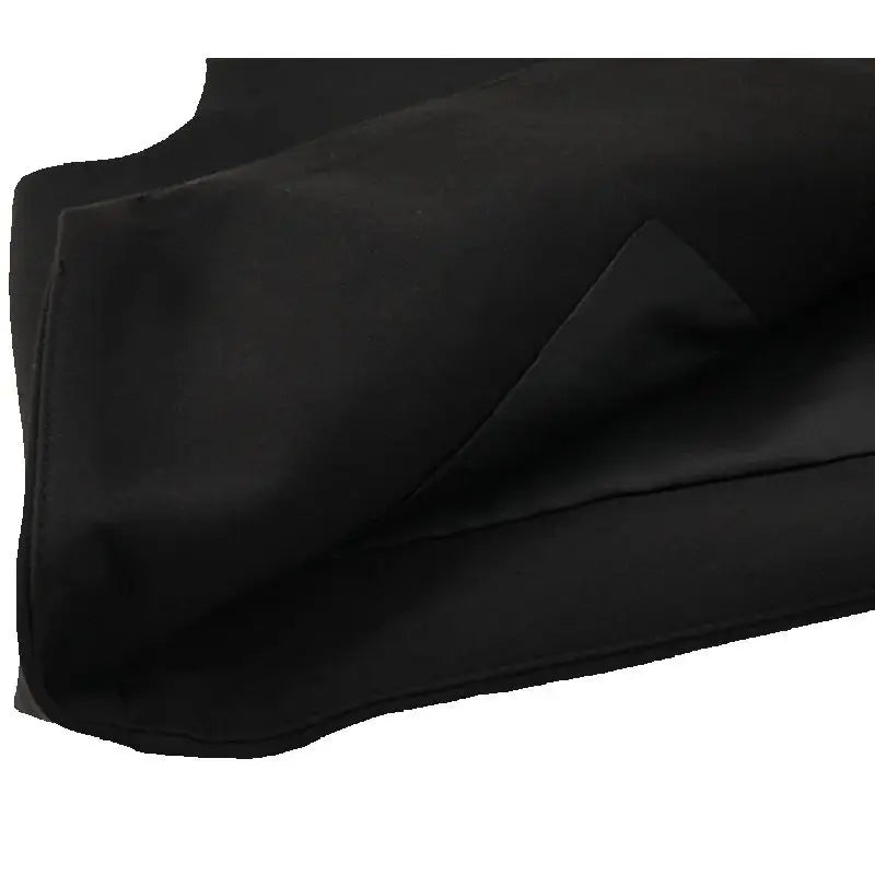 Black tailored waistcoat front with clean drape and subtle seam detailing