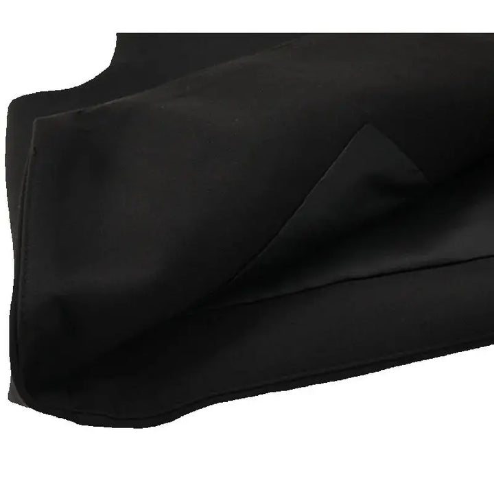 Black tailored waistcoat front with clean drape and subtle seam detailing