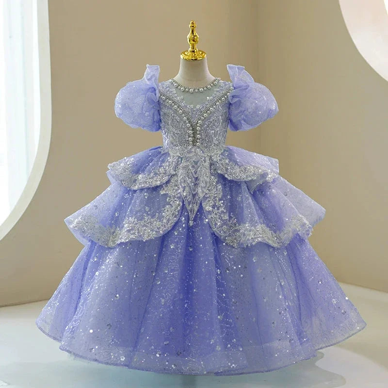 Sparkly Beaded Ruffle Tulle Girl's Gown