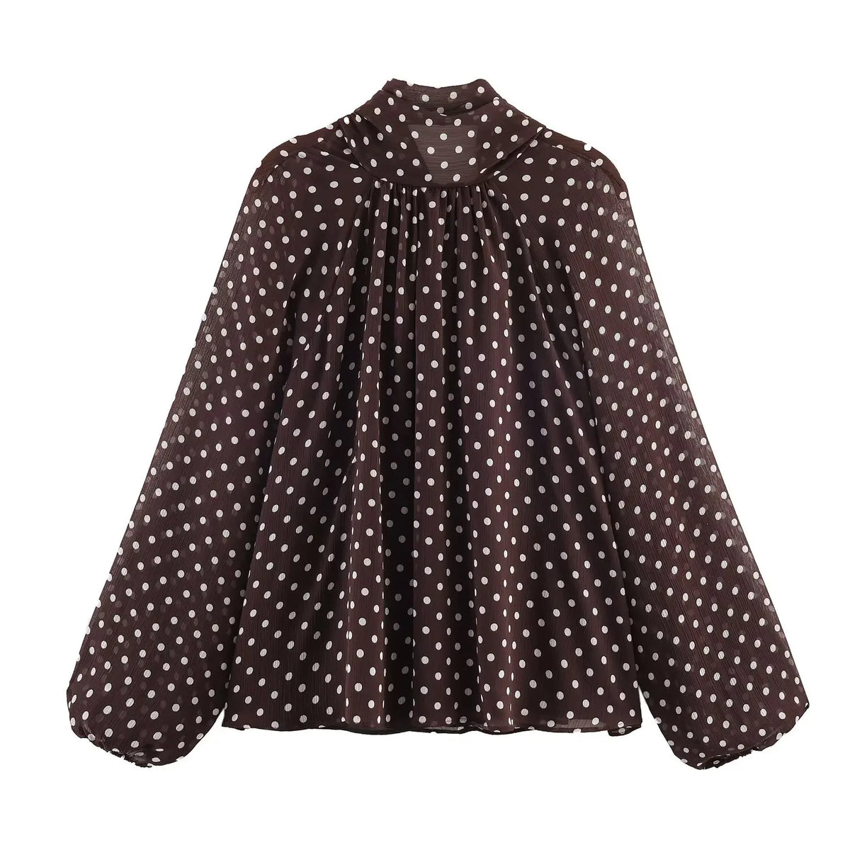 Dark brown polka-dot high-neck chiffon blouse with gathered front and long puff sleeves
